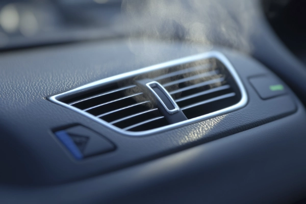 Detalhe do painel do carro com vapor saindo pelo difusor do ar-condicionado