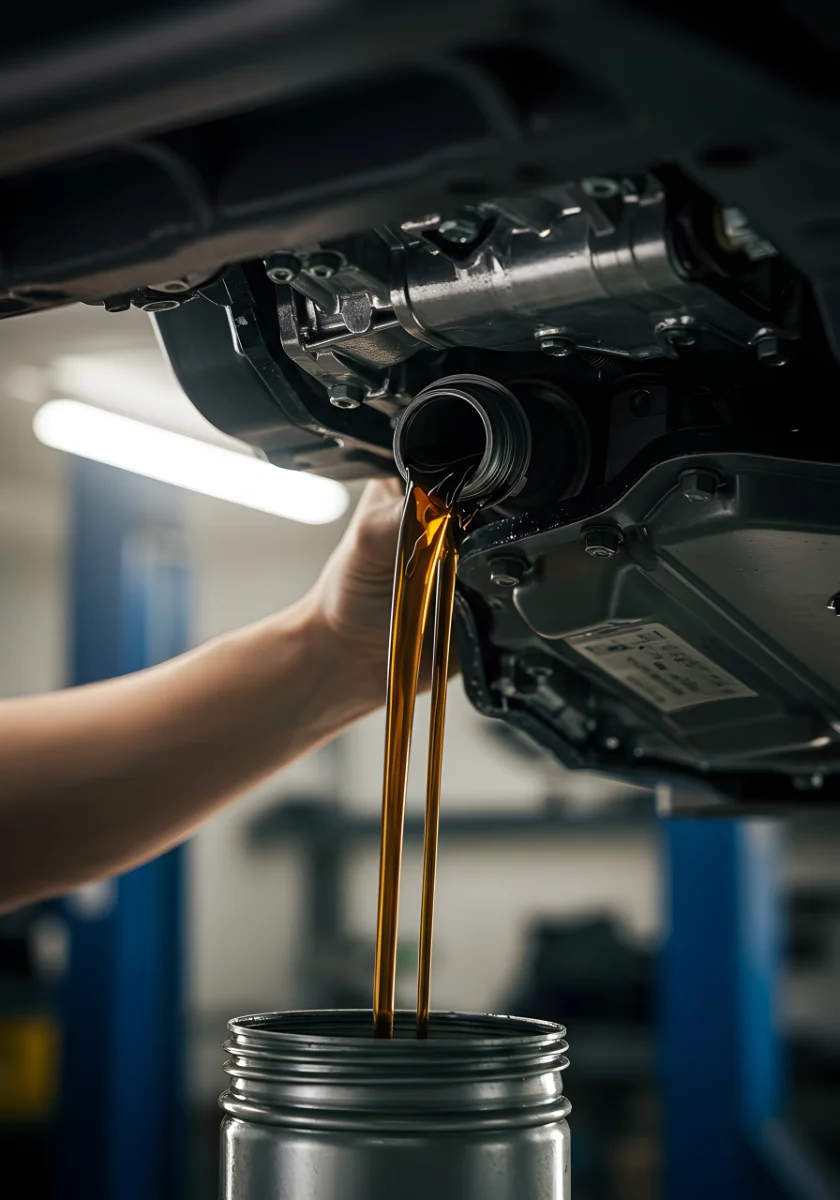 Mecânico esgotando fluido escuro e contaminado do cárter do veículo