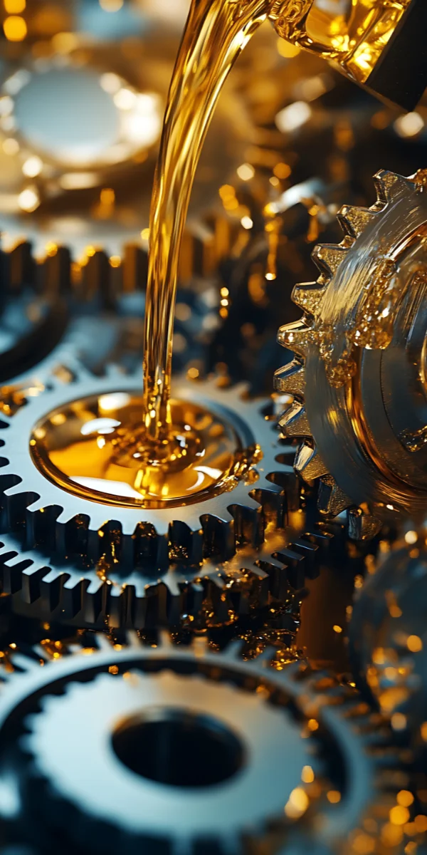 Óleo lubrificante dourado e limpo sendo despejado sobre engrenagens metálicas